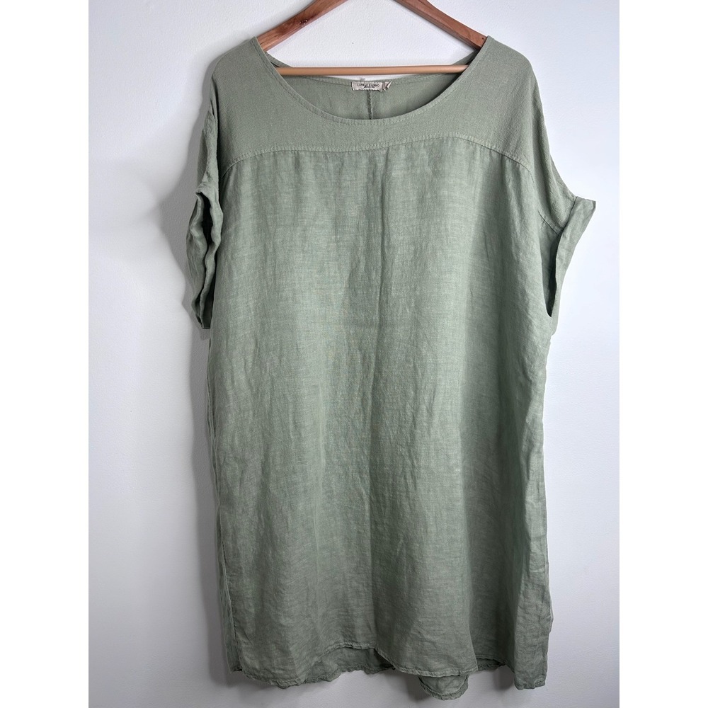 Lungo L'Arno Womens 1X Sage Green Linen Shift Dress Made in Italy Short Sleeve